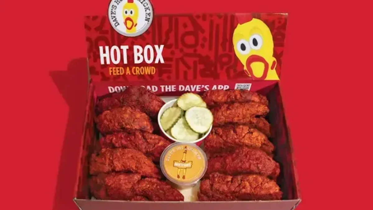 A large Hot Box of Dave's Hot Chicken tenders packed for catering