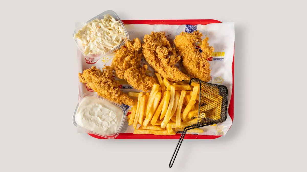 A chicken tenders and fries combo meal — the best-value order at Dave's Hot Chicken
