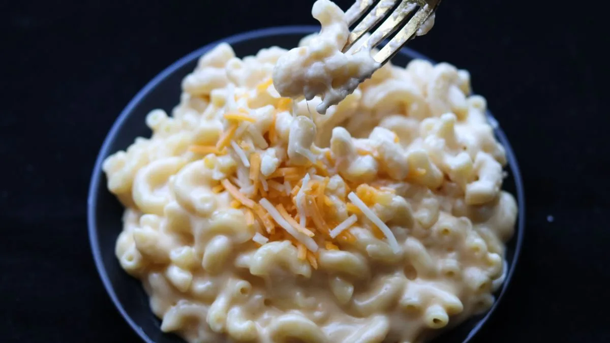 Creamy elbow macaroni and cheese close up — copycat Dave's Hot Chicken mac and cheese