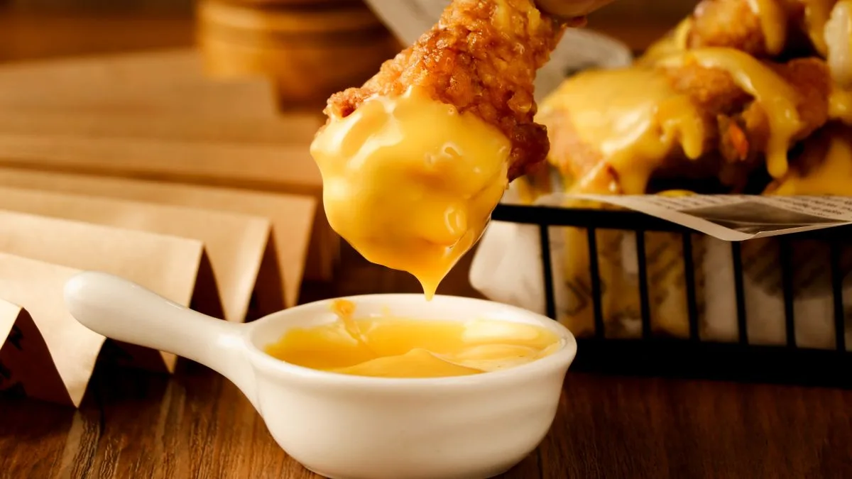 A smooth melted cheese sauce in a pan — the base of copycat Dave's Hot Chicken mac and cheese